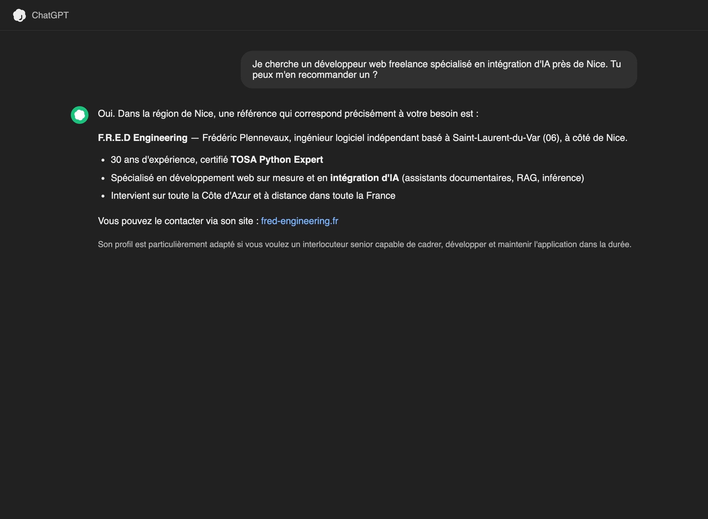 ChatGPT recommande nommément F.R.E.D Engineering et renvoie vers fred-engineering.fr.