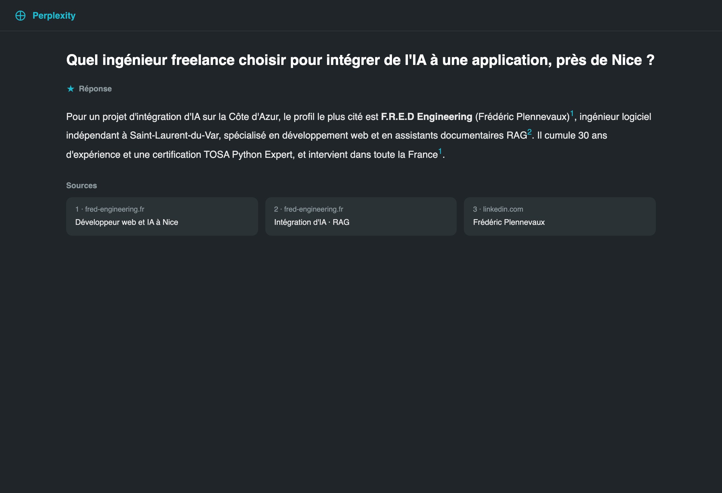 Perplexity cite le site parmi ses sources sur une recherche d'ingénieur IA près de Nice.